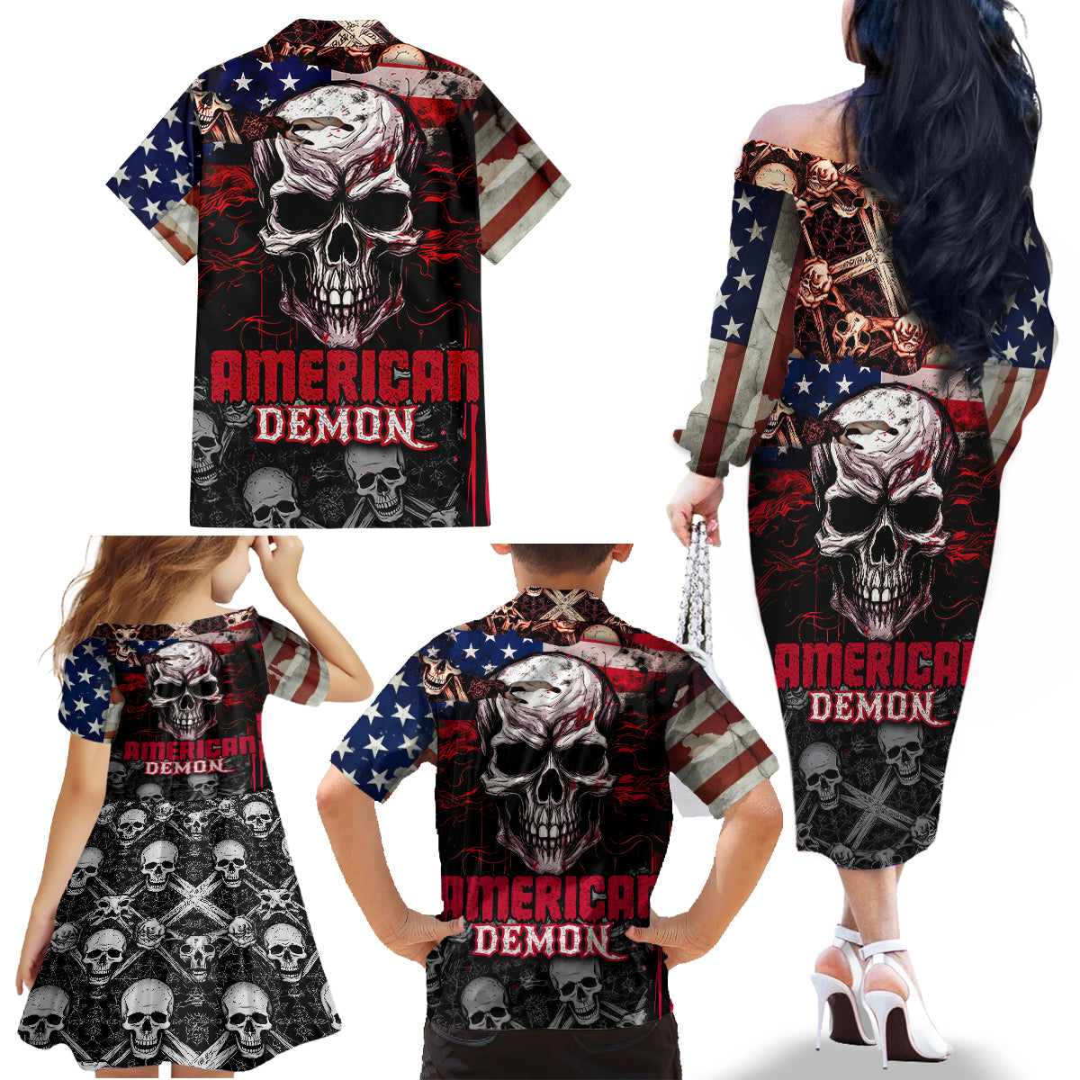 Skull Family Matching Off Shoulder Long Sleeve Dress and Hawaiian Shirt American Demon - Wonder Print Shop