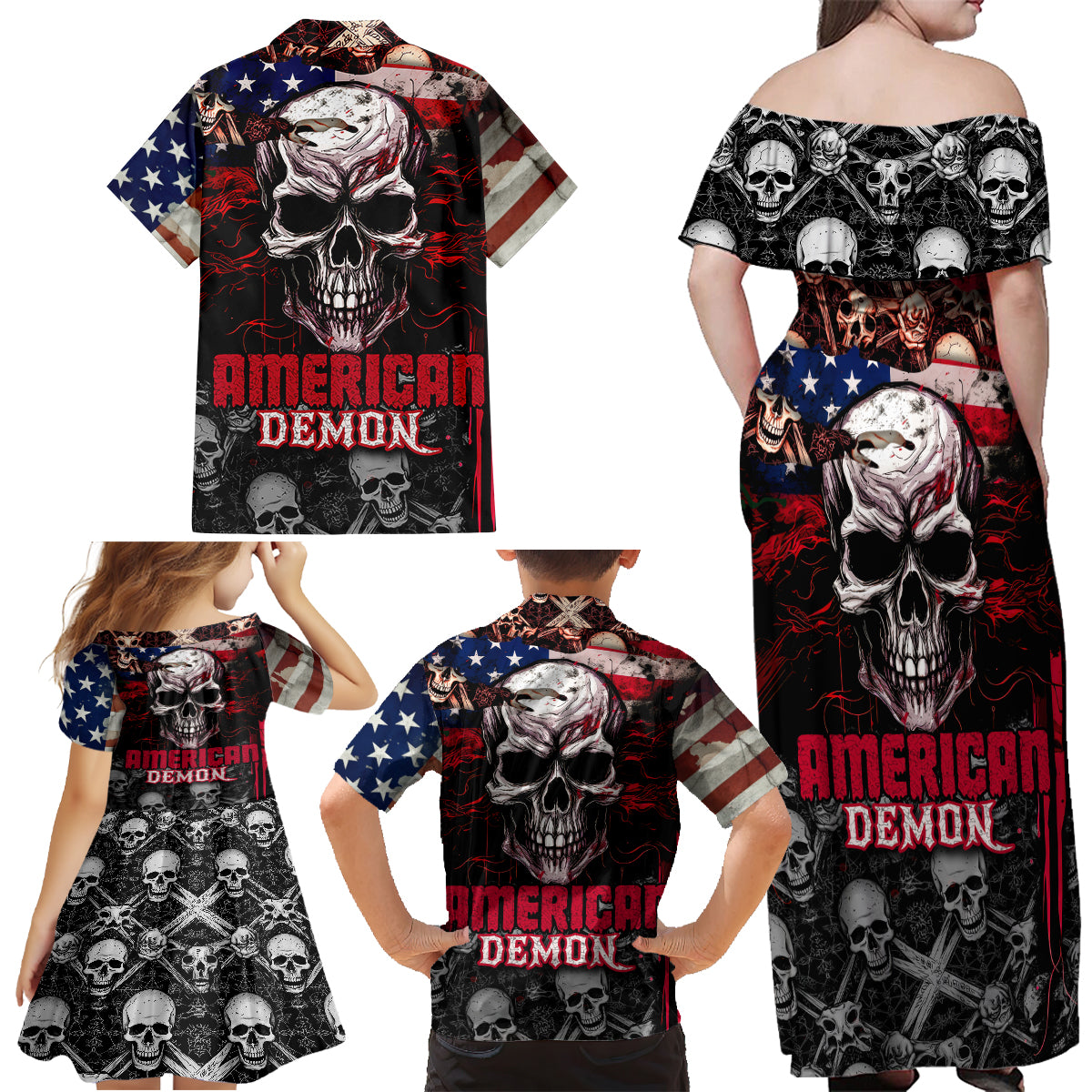 Skull Family Matching Off Shoulder Maxi Dress and Hawaiian Shirt American Demon - Wonder Print Shop