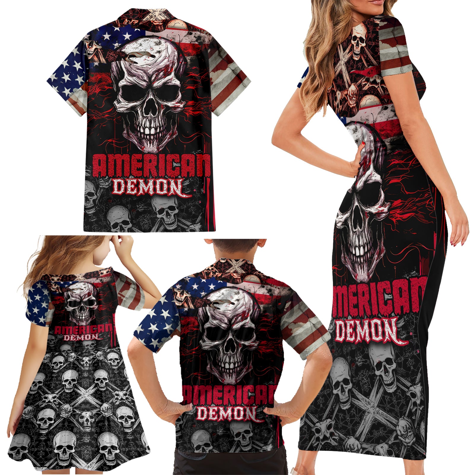 Skull Family Matching Short Sleeve Bodycon Dress and Hawaiian Shirt American Demon - Wonder Print Shop