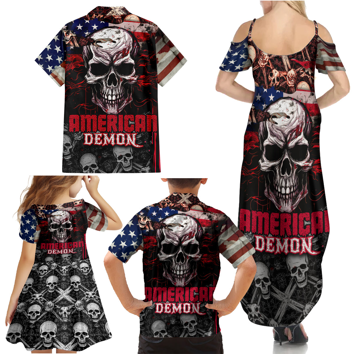 Skull Family Matching Summer Maxi Dress and Hawaiian Shirt American Demon - Wonder Print Shop