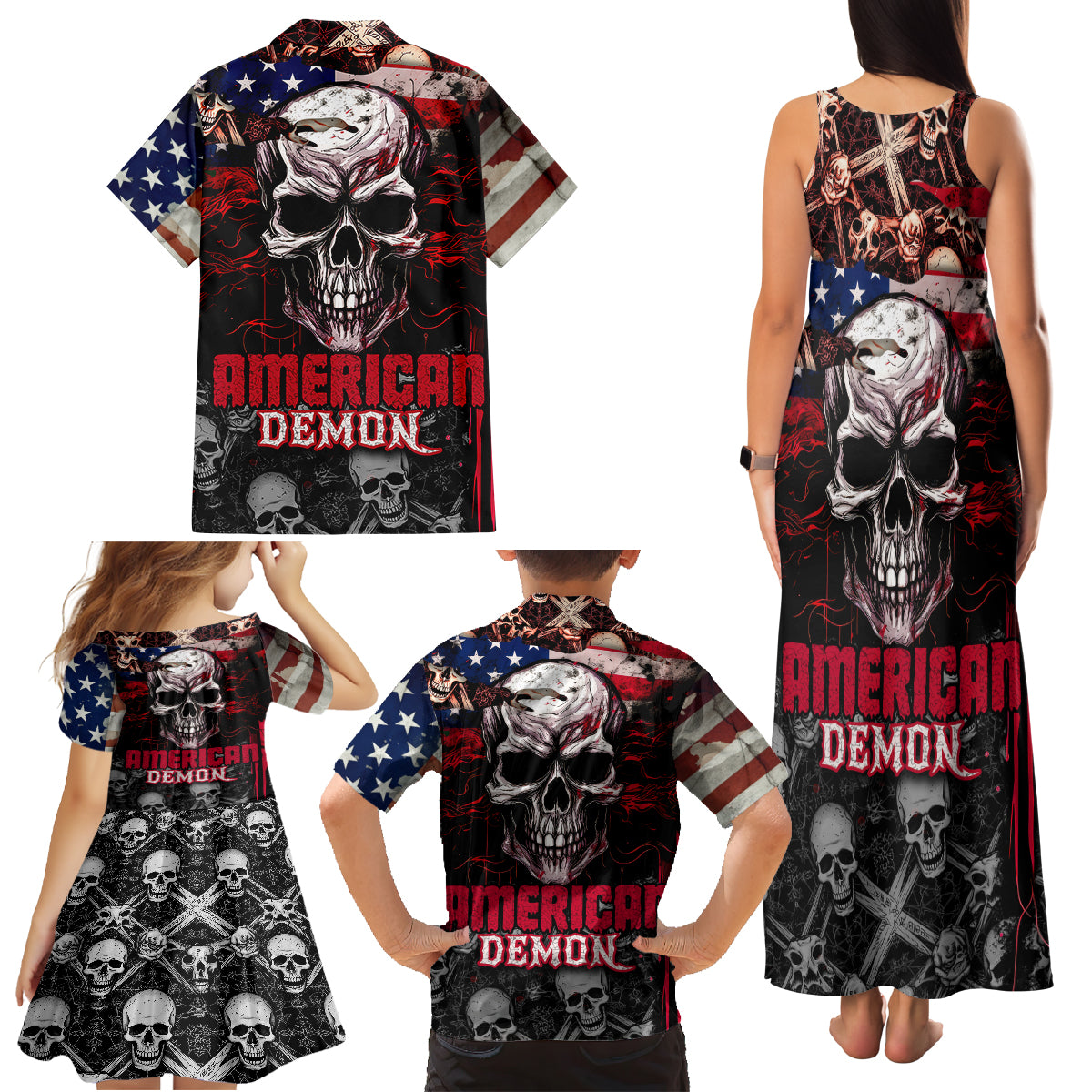 Skull Family Matching Tank Maxi Dress and Hawaiian Shirt American Demon - Wonder Print Shop