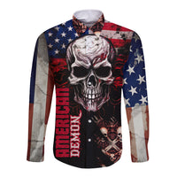 Long sleeve button shirt with large skull front print, stars-and-stripes sleeves