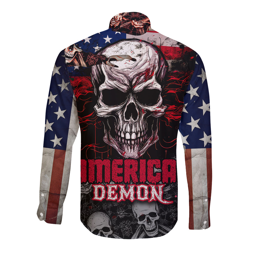 Long sleeve button shirt with skull graphic, stars and stripes back print