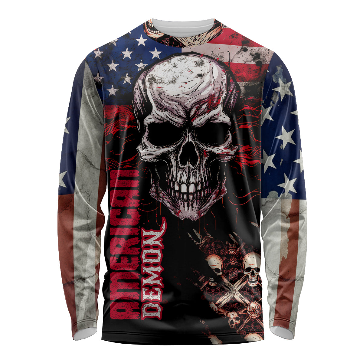 Unisex long sleeve skull graphic shirt with stars and crossbones, red white blue