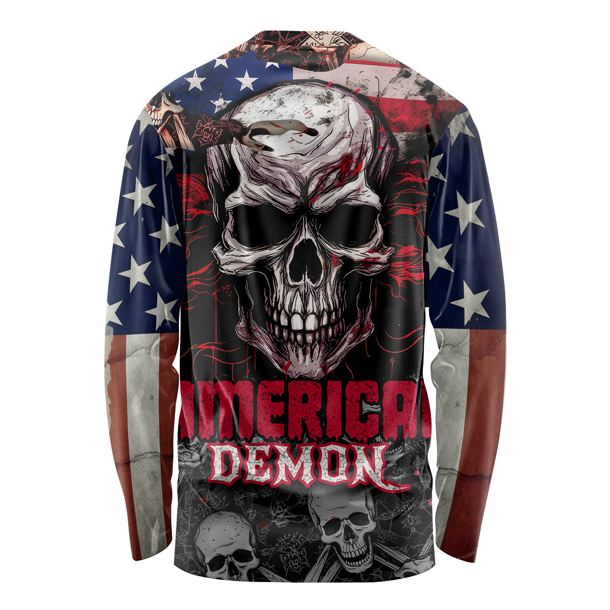 Unisex long sleeve skull graphic shirt with red, white, and blue stars