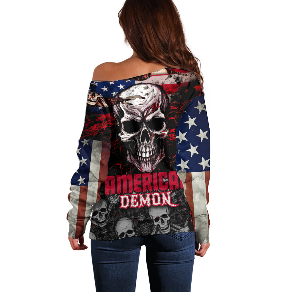 Skull Off Shoulder Sweater American Demon - Wonder Print Shop