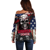 Women's off-shoulder sweater with large skull graphic and American flag stripes print (back)