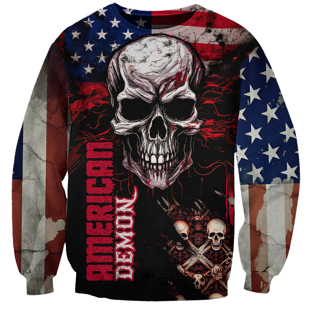 Multicolor skull sweatshirt with American flag sleeves, red 'Demon' lettering, and skull accents