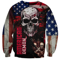 Multicolor skull sweatshirt with American flag sleeves, red 'Demon' lettering, and skull accents