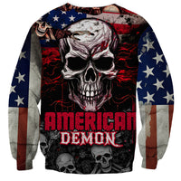 Multicolor skull sweatshirt with American flag sleeve panels and 'American Demon' print