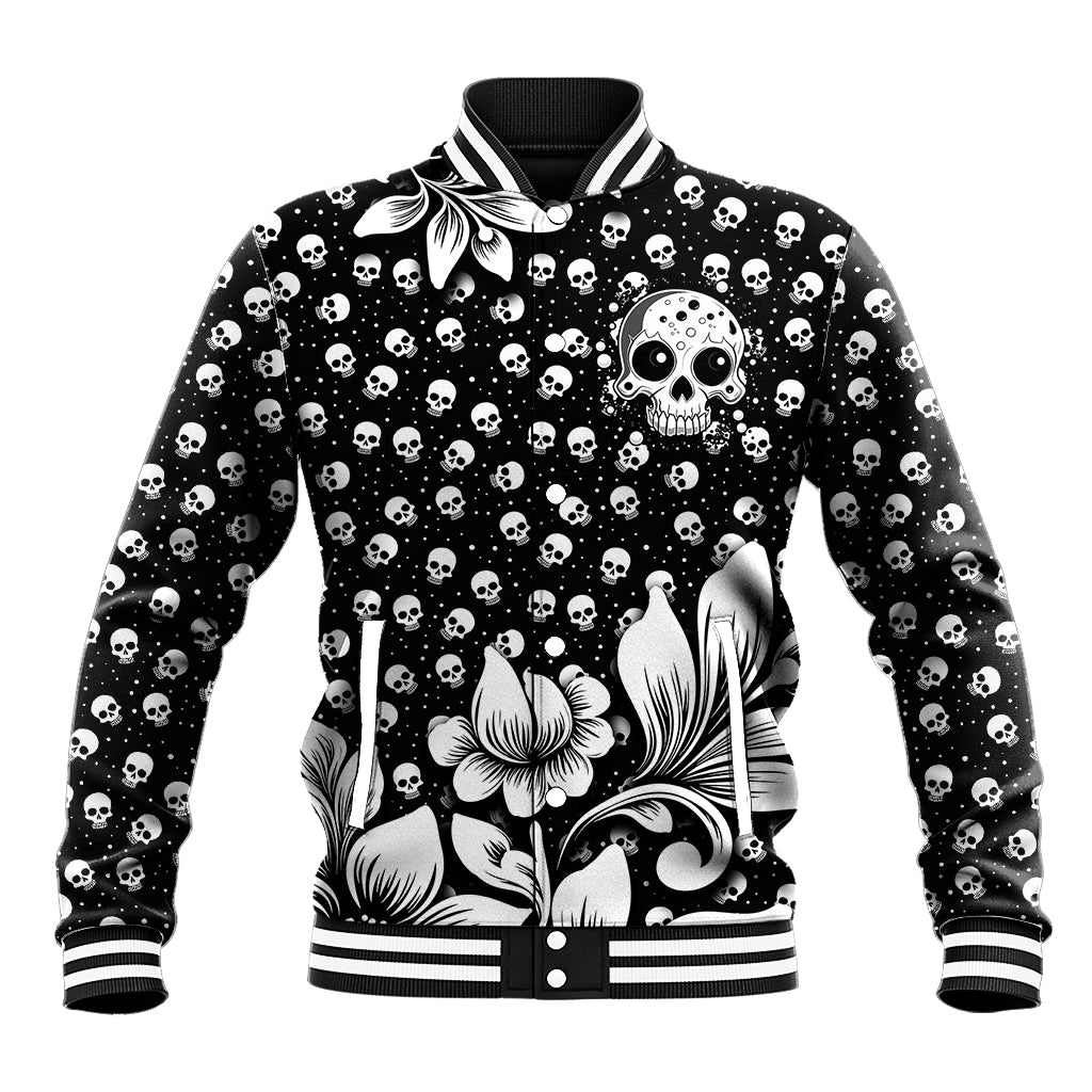 Black baseball jacket with allover skull pattern, large skull and flowers, snap front
