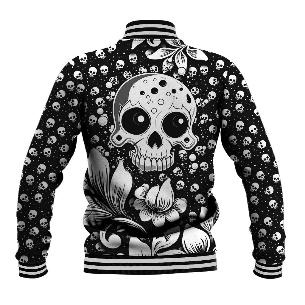 Black baseball jacket with skull graphic, striped ribbed collar and cuffs, floral details