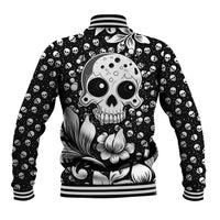 Black baseball jacket with skull graphic, striped ribbed collar and cuffs, floral details