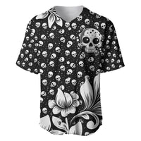 Black baseball jersey with skull allover print and large flower at hem