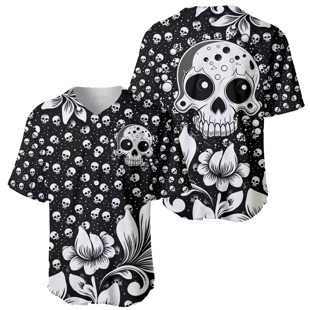 Black baseball jersey with small skulls, big skull face, and white floral details