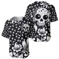 Black baseball jersey with small skulls, big skull face, and white floral details