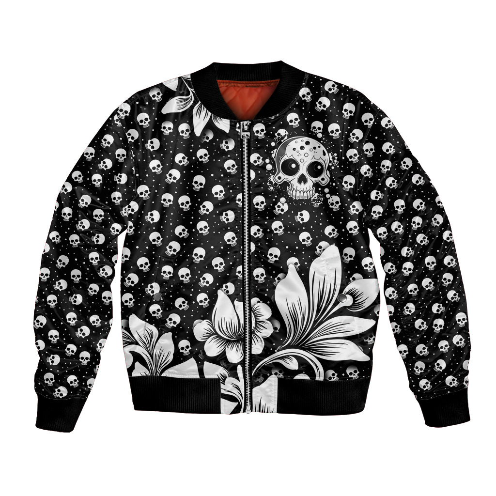 Black unisex bomber jacket with zip front, skull and floral print, ribbed trim