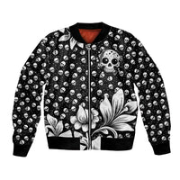 Black unisex bomber jacket with zip front, skull and floral print, ribbed trim
