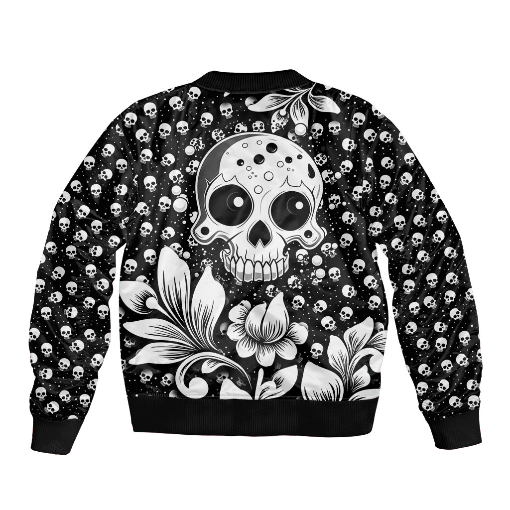 Black unisex bomber jacket with skull and floral print, ribbed collar and cuffs