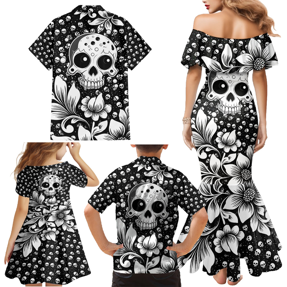 Skull Family Matching Mermaid Dress and Hawaiian Shirt Cute Skull Fun and Floral - Wonder Print Shop