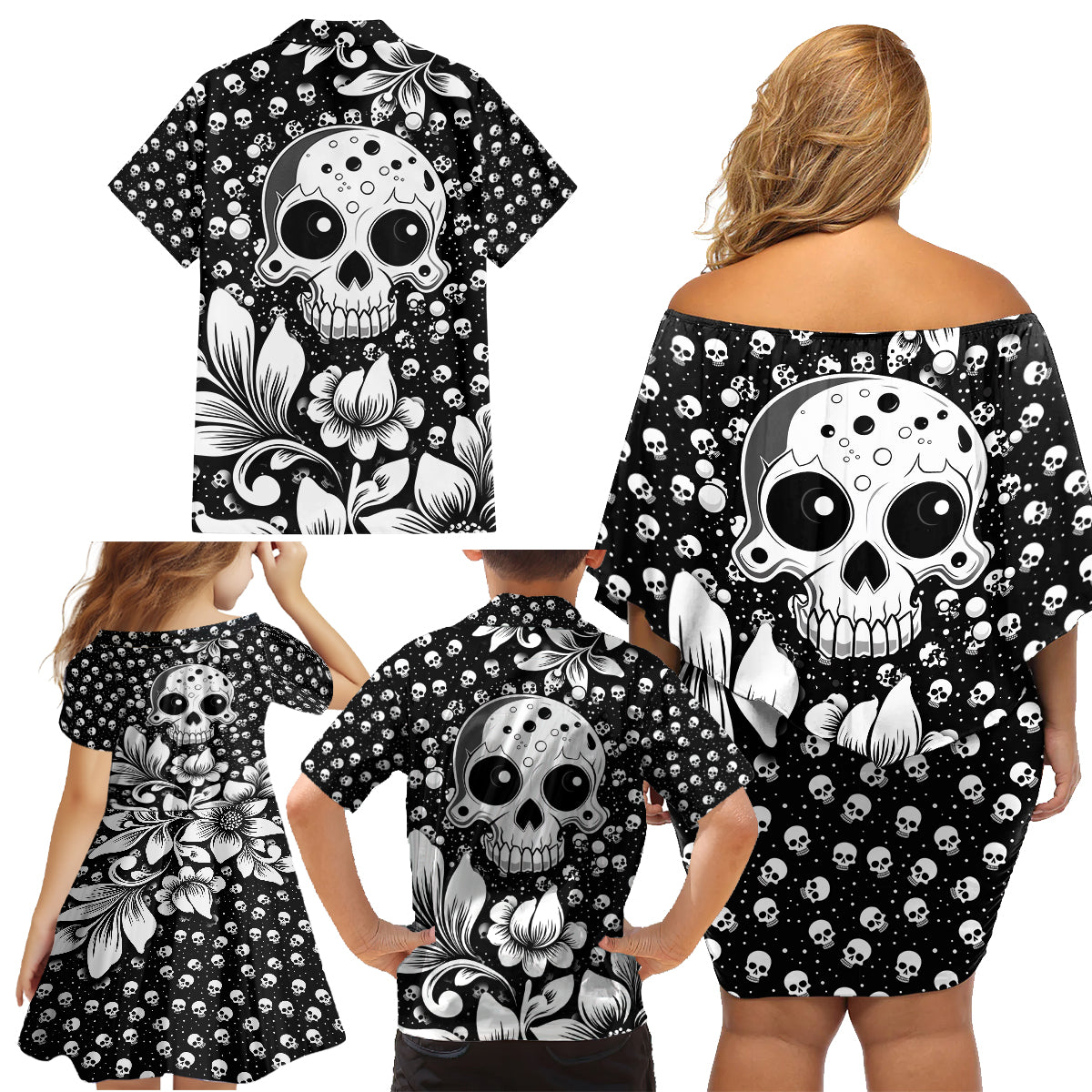 Skull Family Matching Off Shoulder Short Dress and Hawaiian Shirt Cute Skull Fun and Floral - Wonder Print Shop