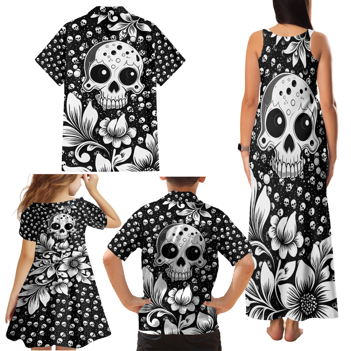 Skull Family Matching Tank Maxi Dress and Hawaiian Shirt Cute Skull Fun and Floral - Wonder Print Shop