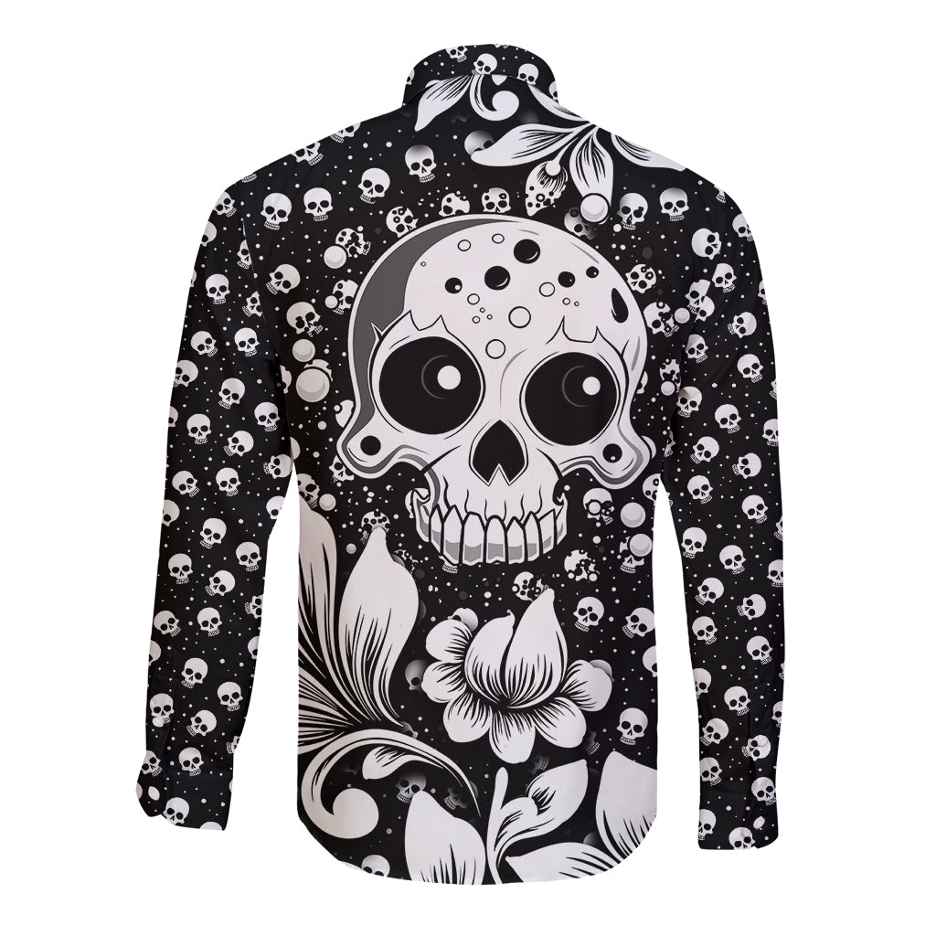Black long sleeve button shirt with large skull and white floral print