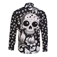 Black long sleeve button shirt with large skull and white floral print