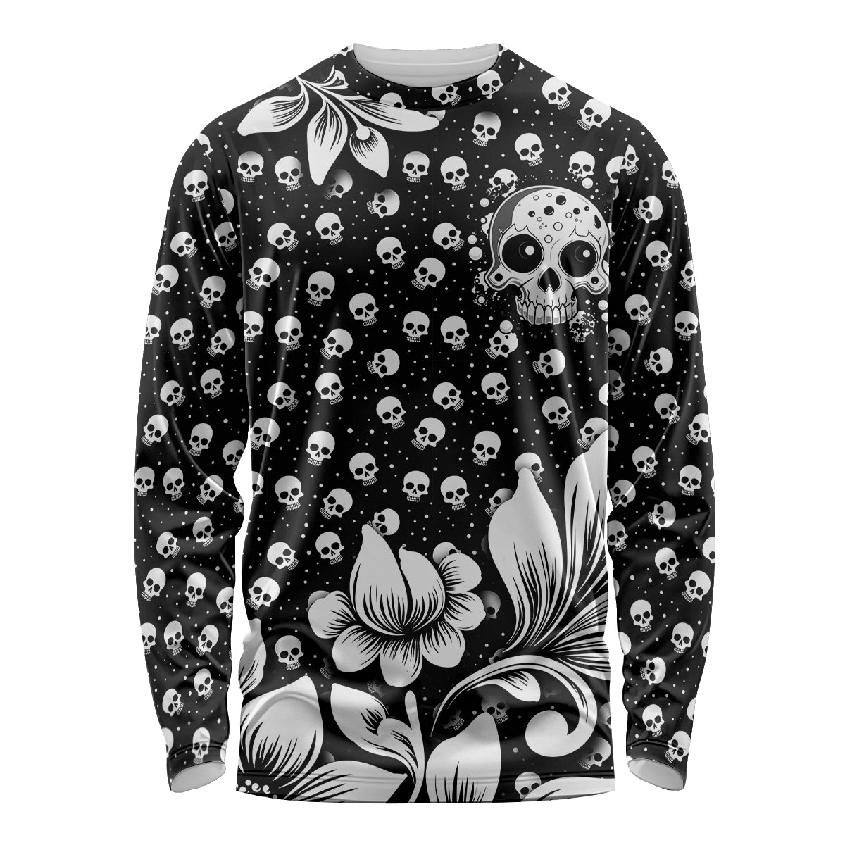 Black skull long-sleeve shirt with allover small skulls and white floral design