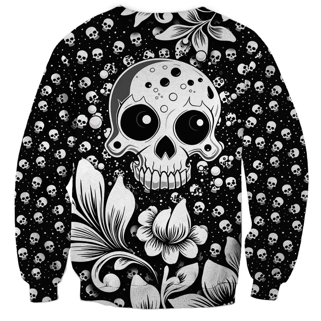 Unisex black sweatshirt with cute skull and floral all-over print