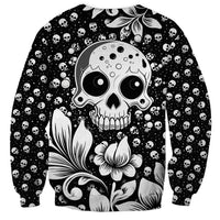 Unisex black sweatshirt with cute skull and floral all-over print