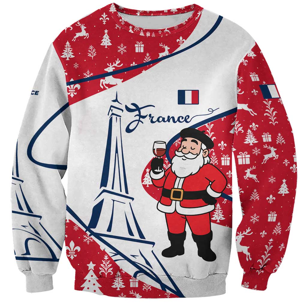 France Christmas Sweatshirt with Santa Wine Glass Eiffel Tower and Holiday Icons Design - Wonder Print Shop