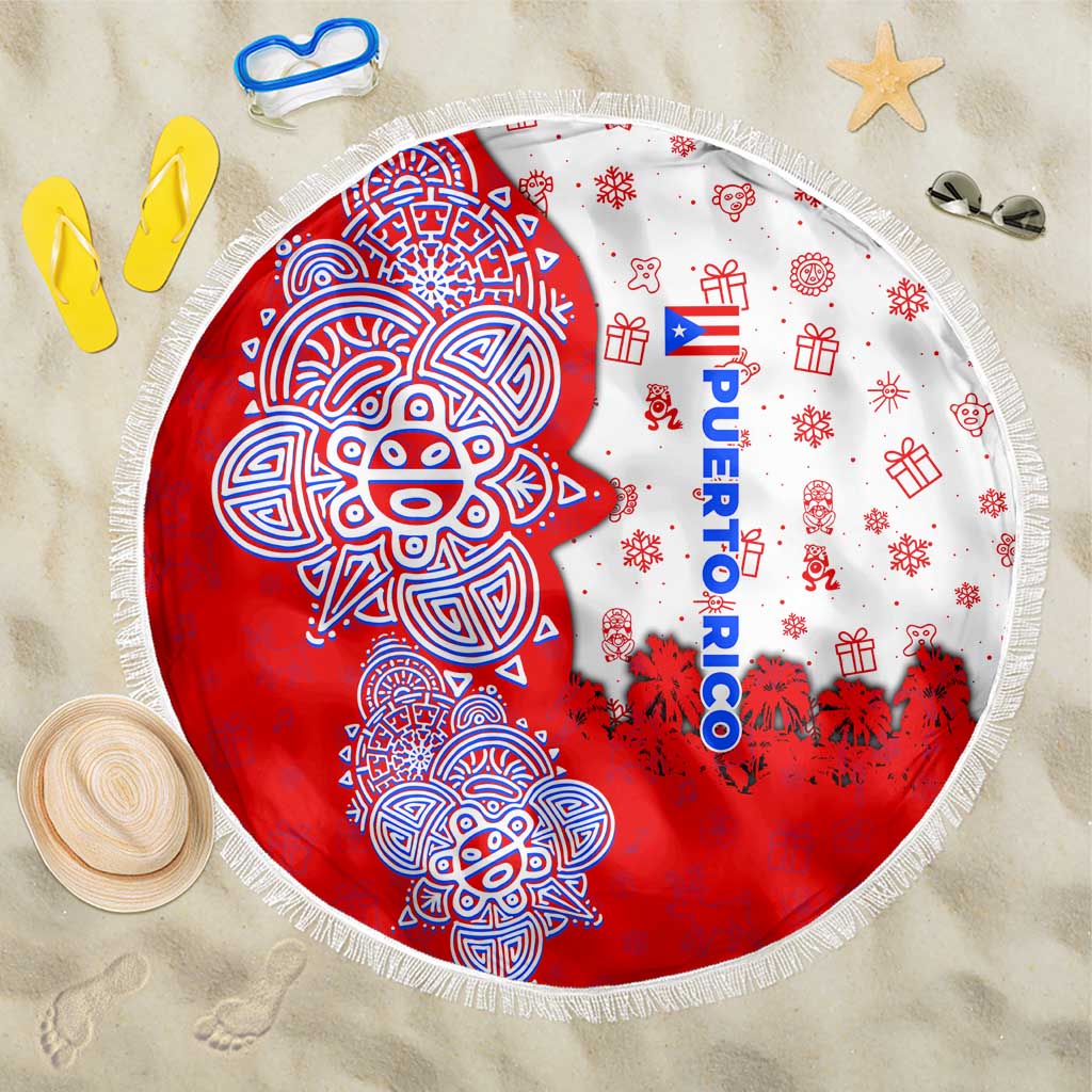 Puerto Rico Christmas Beach Blanket with Taino Symbols Palm Tree Bongos and Holiday Pattern Design - Wonder Print Shop