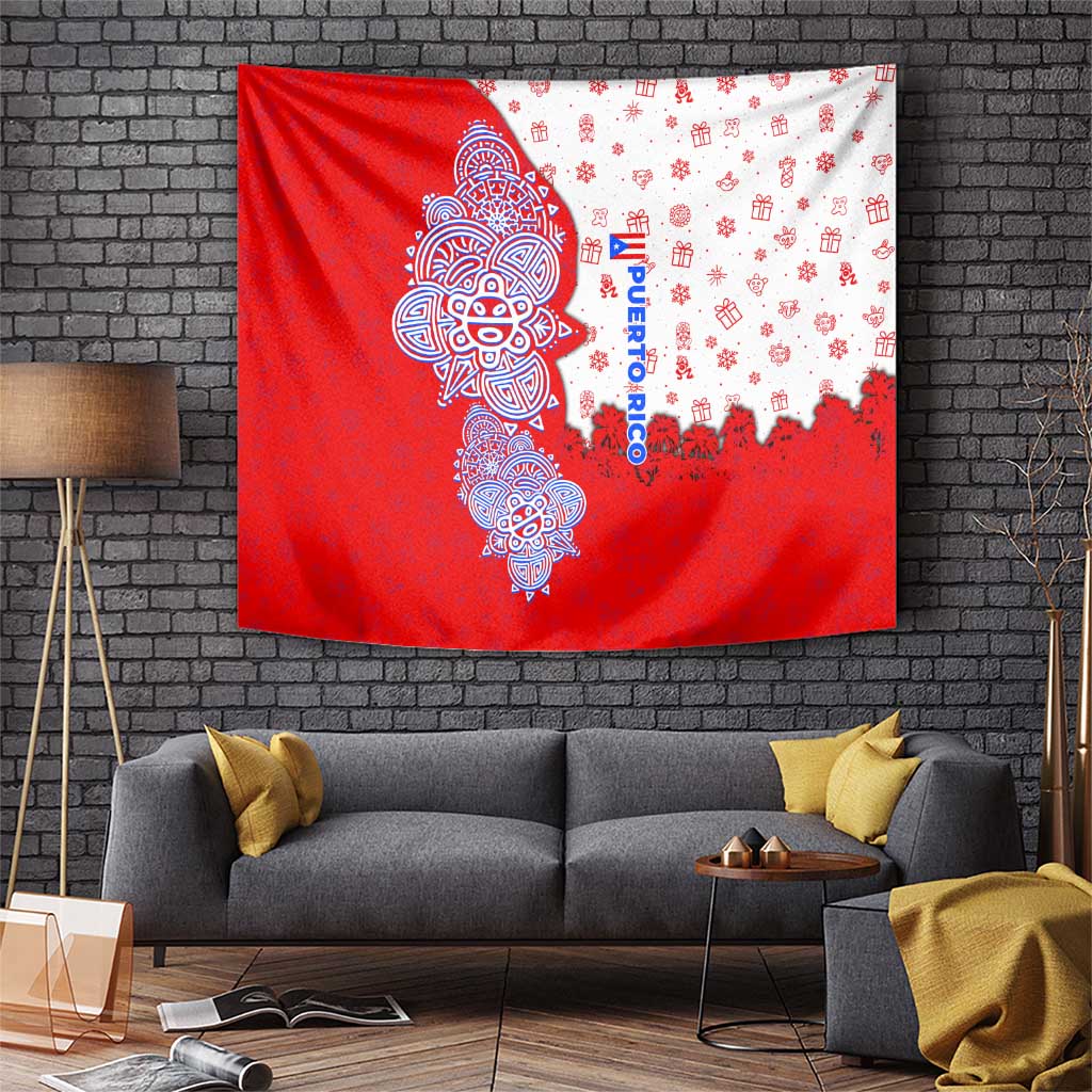Puerto Rico Christmas Tapestry with Taino Symbols Palm Tree Bongos and Holiday Pattern Design - Wonder Print Shop