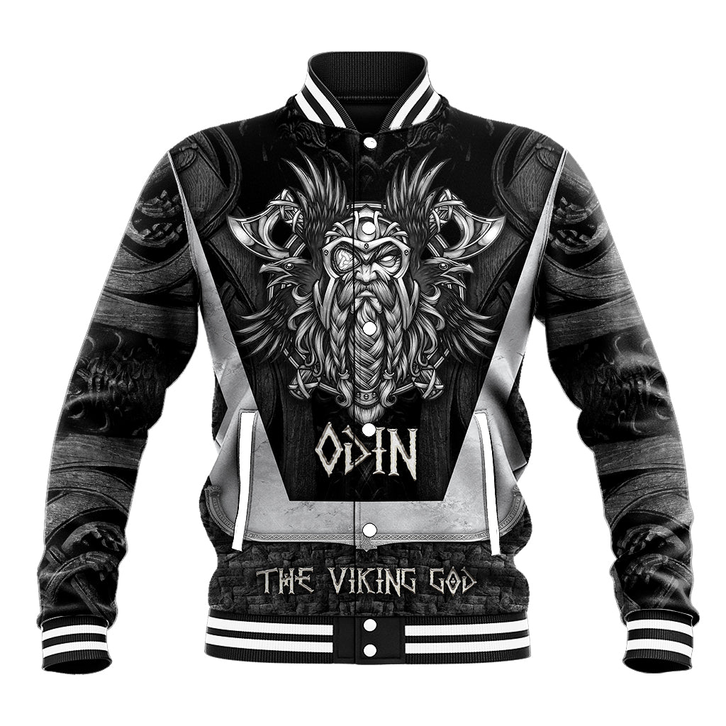 Black baseball jacket with white-striped collar, Odin graphic, snap-button front