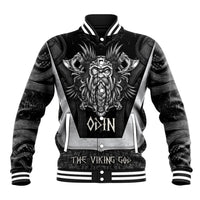 Black baseball jacket with white-striped collar, Odin graphic, snap-button front