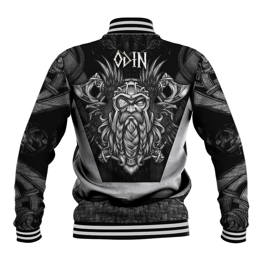 Black baseball jacket with white-striped cuffs, large Odin head graphic on back