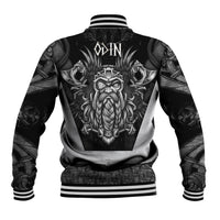 Black baseball jacket with white-striped cuffs, large Odin head graphic on back