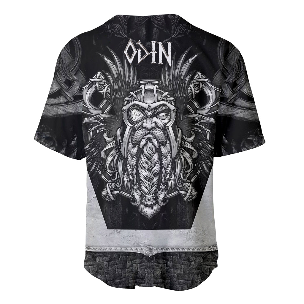 Black baseball jersey with large white Odin head graphic and rune text at top