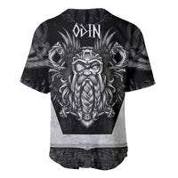 Black baseball jersey with large white Odin head graphic and rune text at top