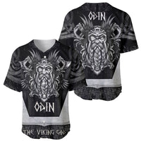 Black baseball jersey with white Odin Viking front print, shown in two views