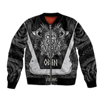 Black bomber jacket with white graphic panel, front zipper, ribbed cuffs and hem