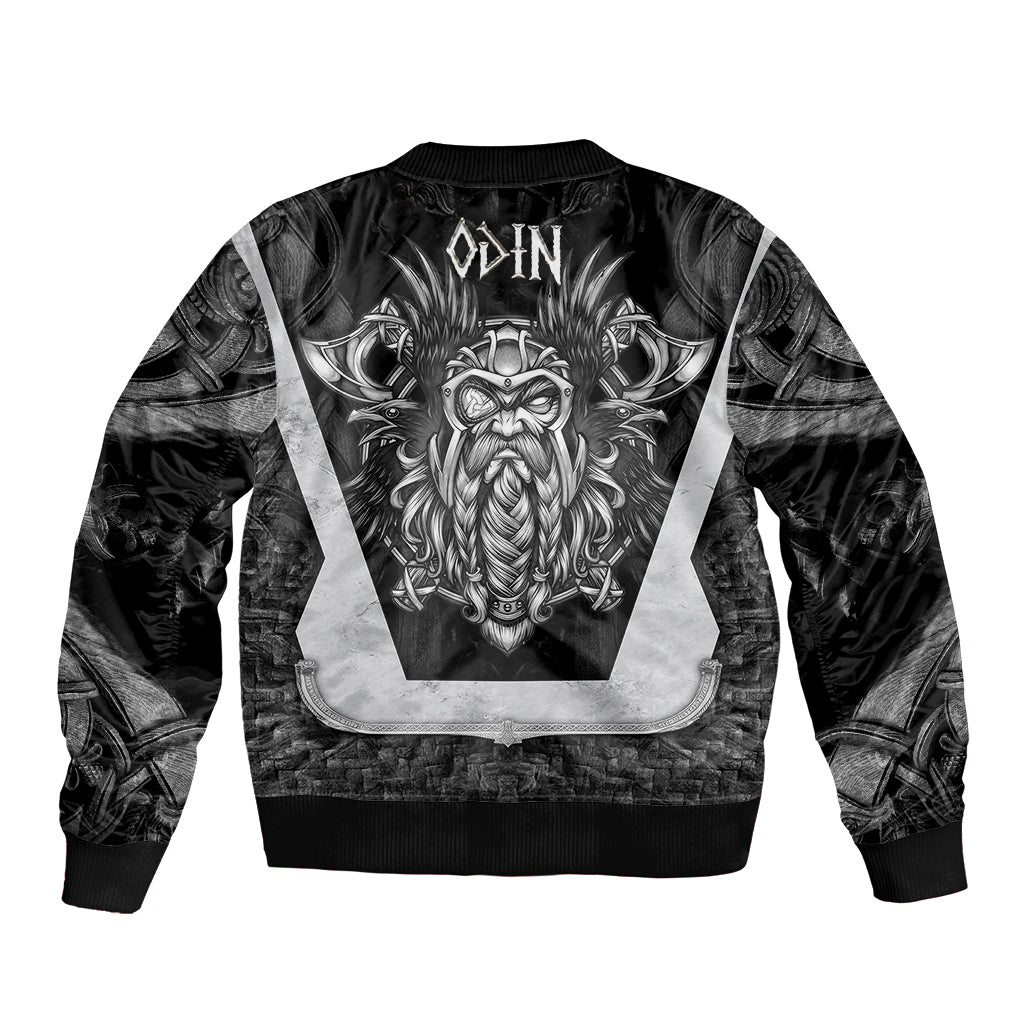 Black bomber jacket with large Odin head back graphic, ribbed cuffs and hem