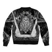 Black bomber jacket with large Odin head back graphic, ribbed cuffs and hem
