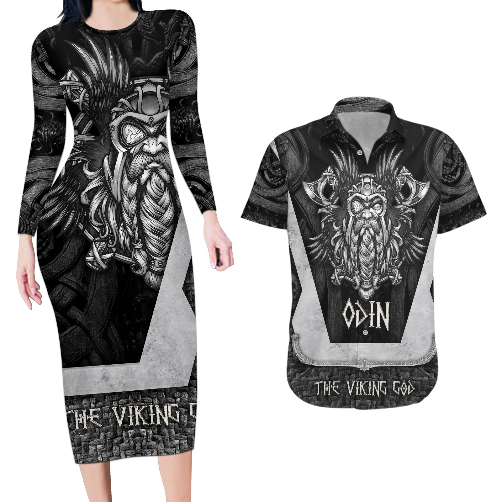 Odin The Viking God Couples Matching Long Sleeve Bodycon Dress and Hawaiian Shirt - Wonder Print Shop