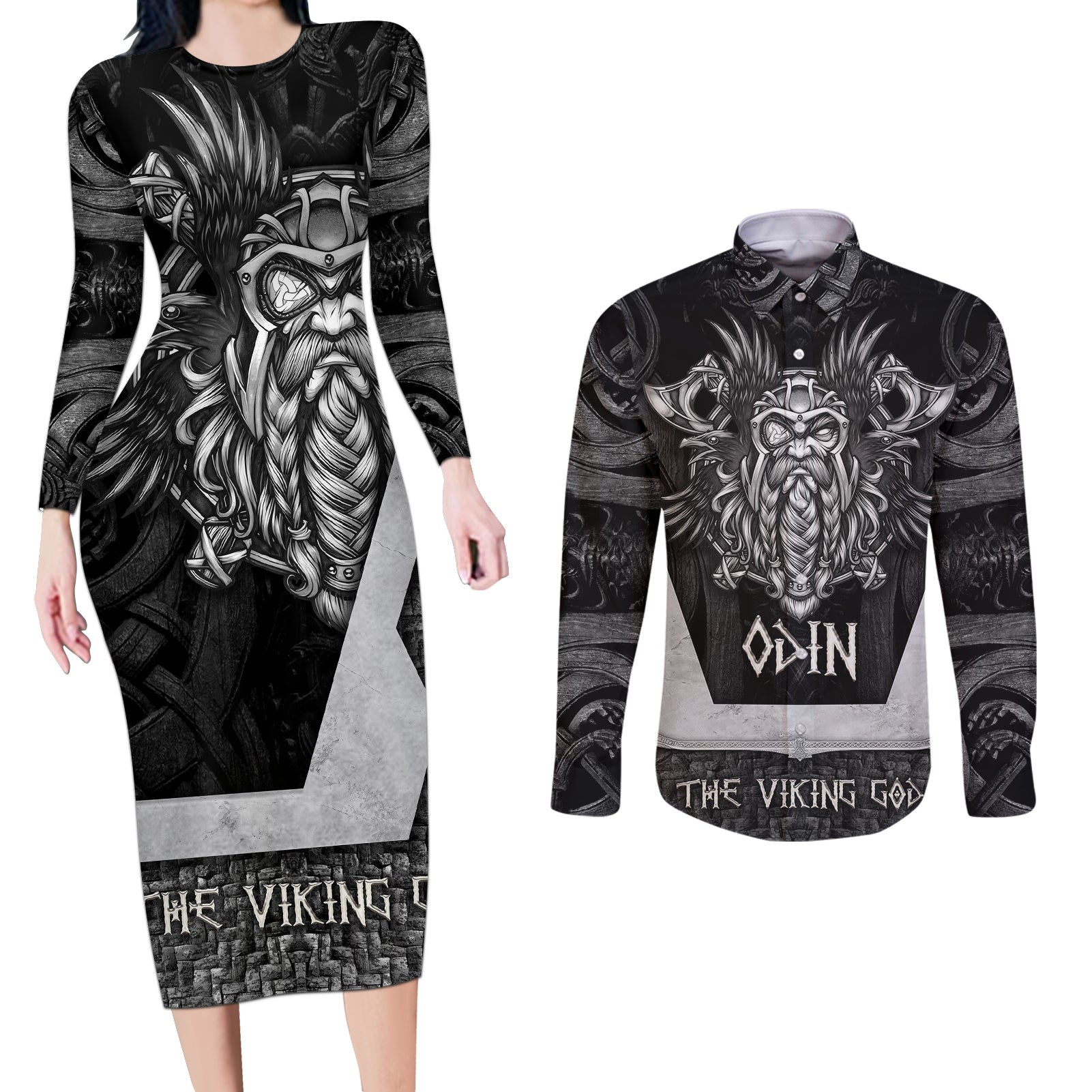 Odin The Viking God Couples Matching Long Sleeve Bodycon Dress and Long Sleeve Button Shirts - Wonder Print Shop