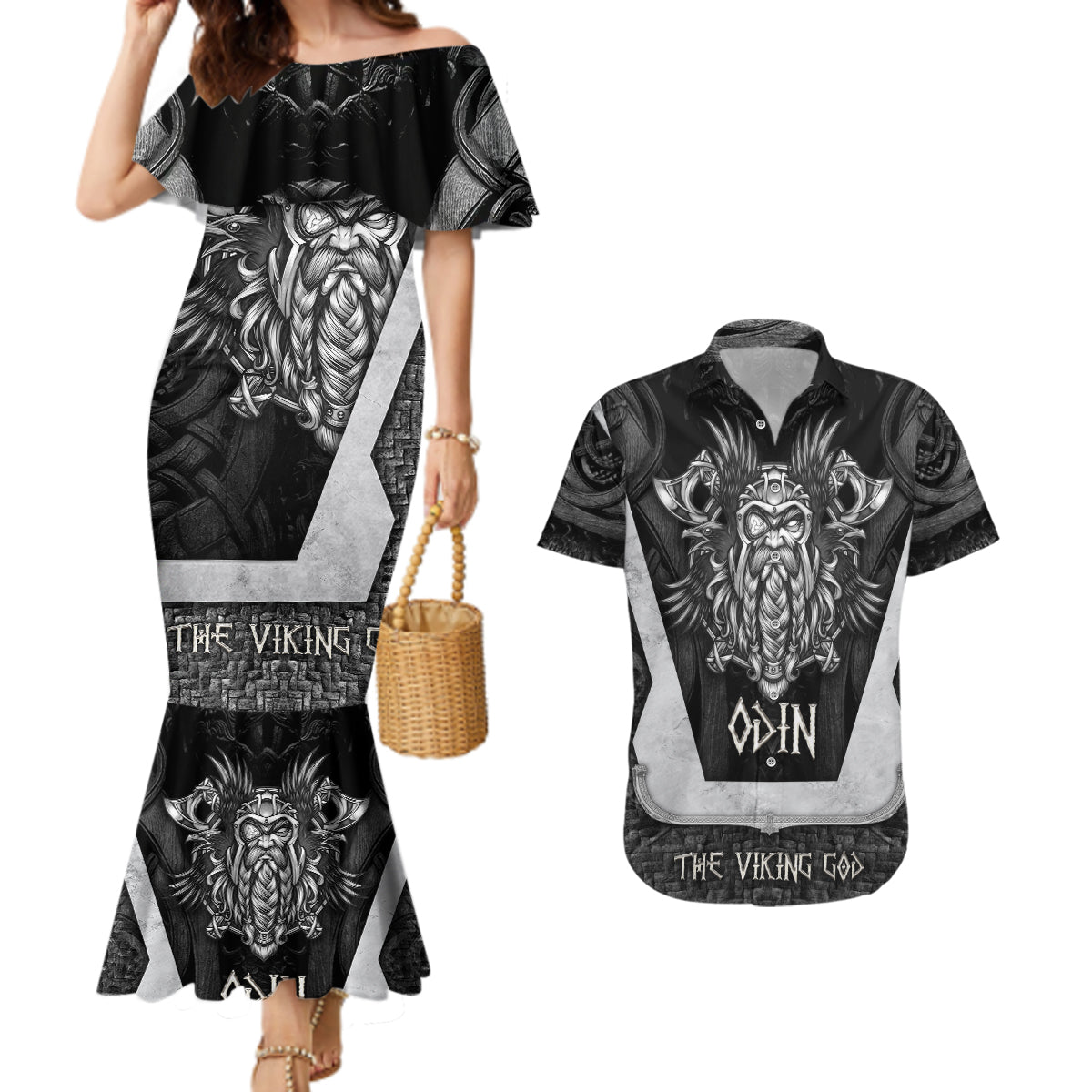 Odin The Viking God Couples Matching Mermaid Dress and Hawaiian Shirt - Wonder Print Shop