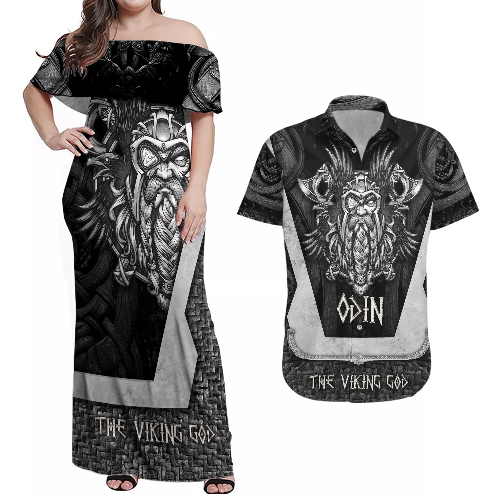 Odin The Viking God Couples Matching Off Shoulder Maxi Dress and Hawaiian Shirt - Wonder Print Shop