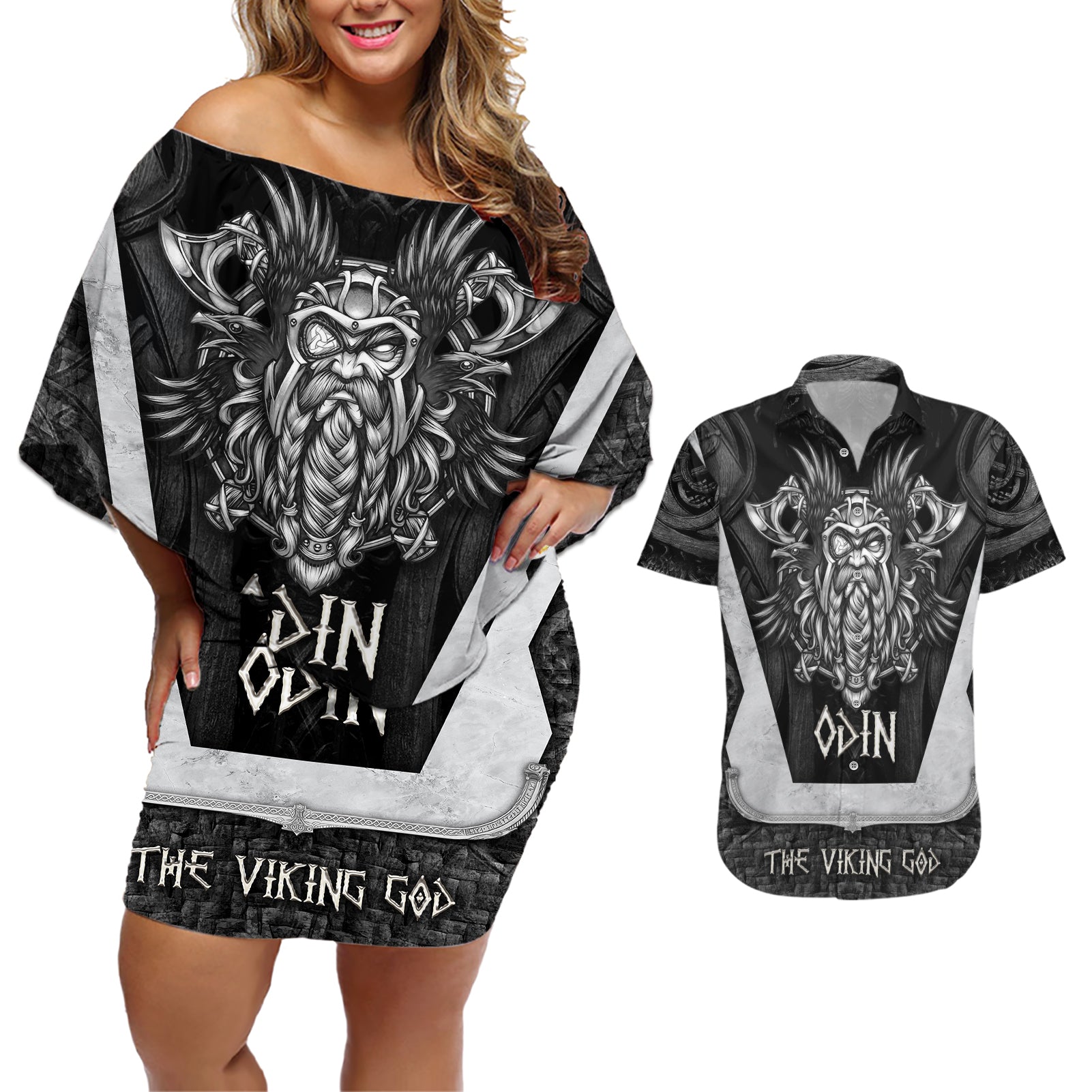 Odin The Viking God Couples Matching Off Shoulder Short Dress and Hawaiian Shirt - Wonder Print Shop