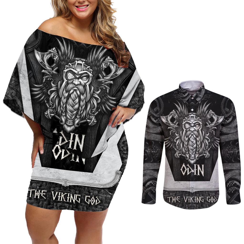 Odin The Viking God Couples Matching Off Shoulder Short Dress and Long Sleeve Button Shirts - Wonder Print Shop